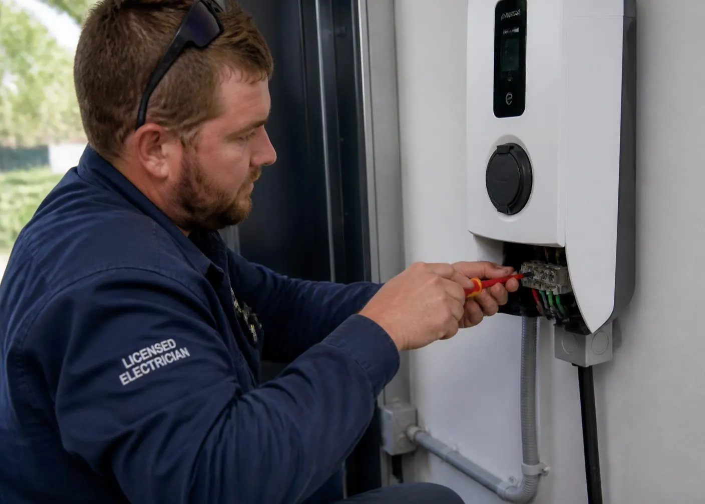 Licensed electrician wiring a Hypervolt home charger
