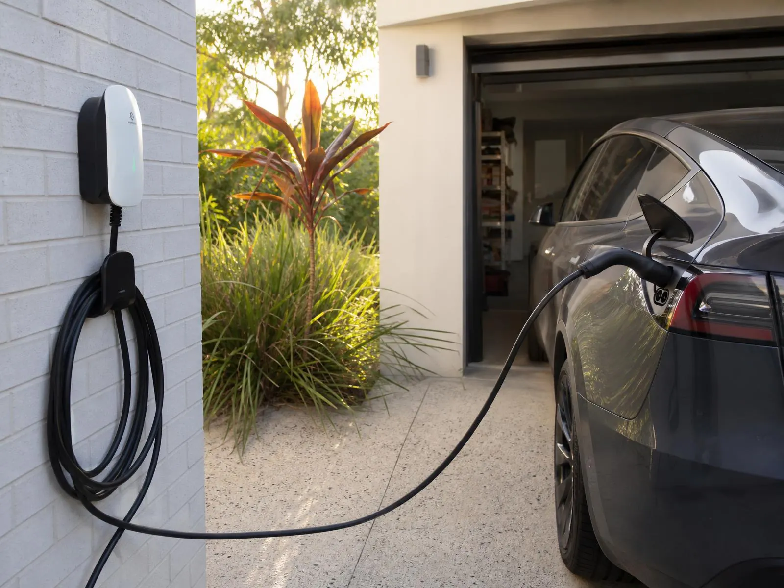 Home EV charger installed at a Gold Coast house, charging an electric car in the driveway
